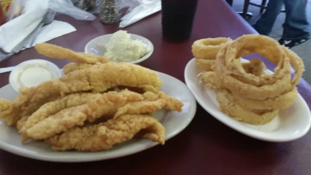 Fried Catfish Plate with Onion Rings and Potato Salad